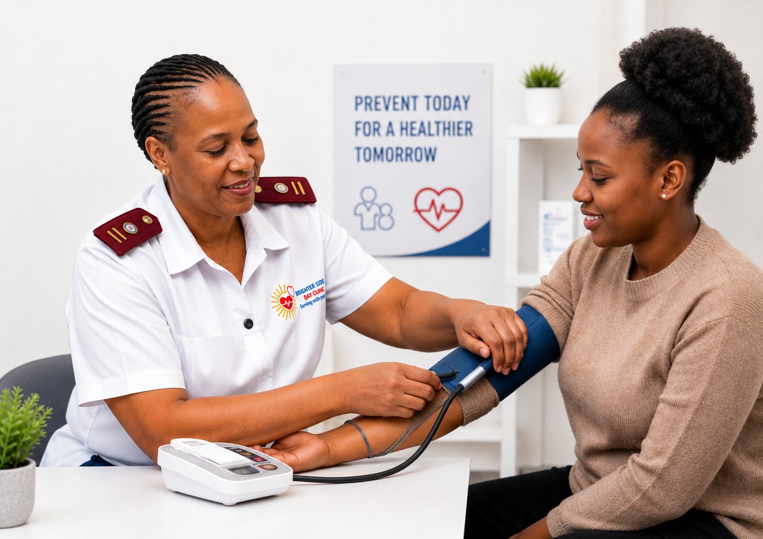 Nurse checking blood pressure at Brighter Side Day Clinic